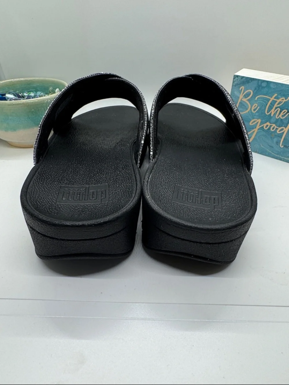 Fitflop LuLu, Black Iridescent Crystal Cross-Band Slides - Picture 5 of 9